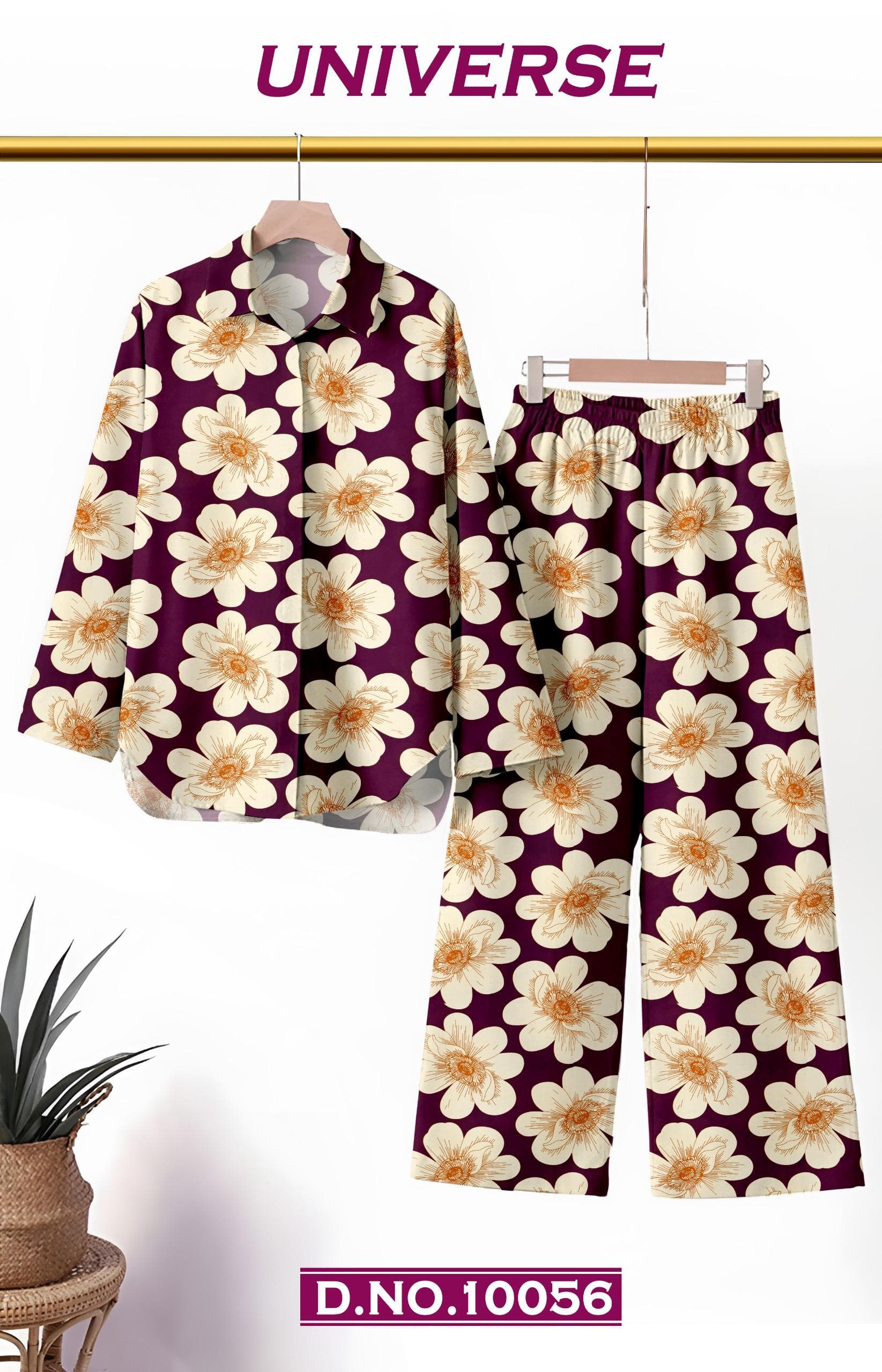 UNIVERSE plum daisy printed co-ord set fabric, D.No. 10056, by Vintage Fabric