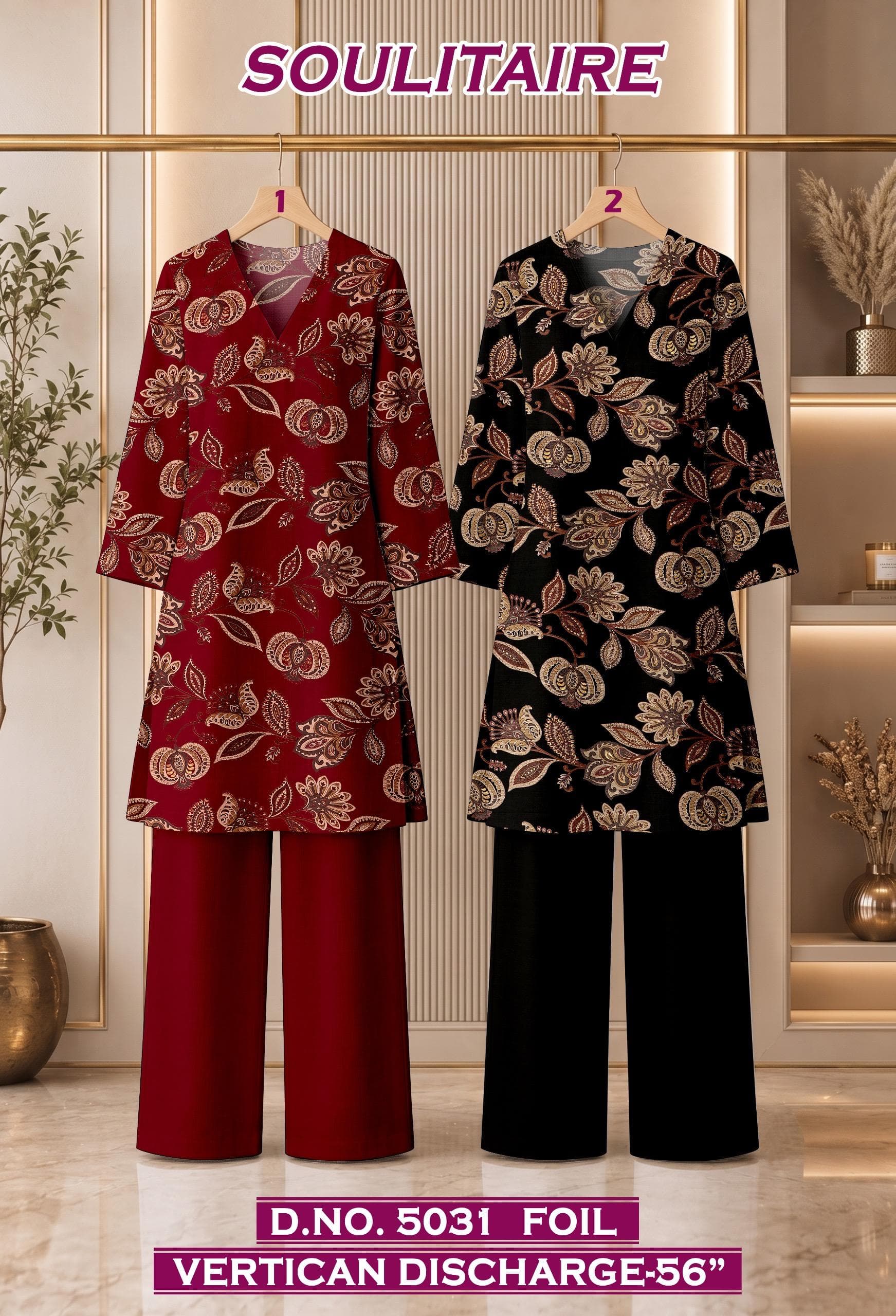 SOULITAIRE foil vertican discharge co-ord D.No. 5031 in red and black, by Vintage Fabric
