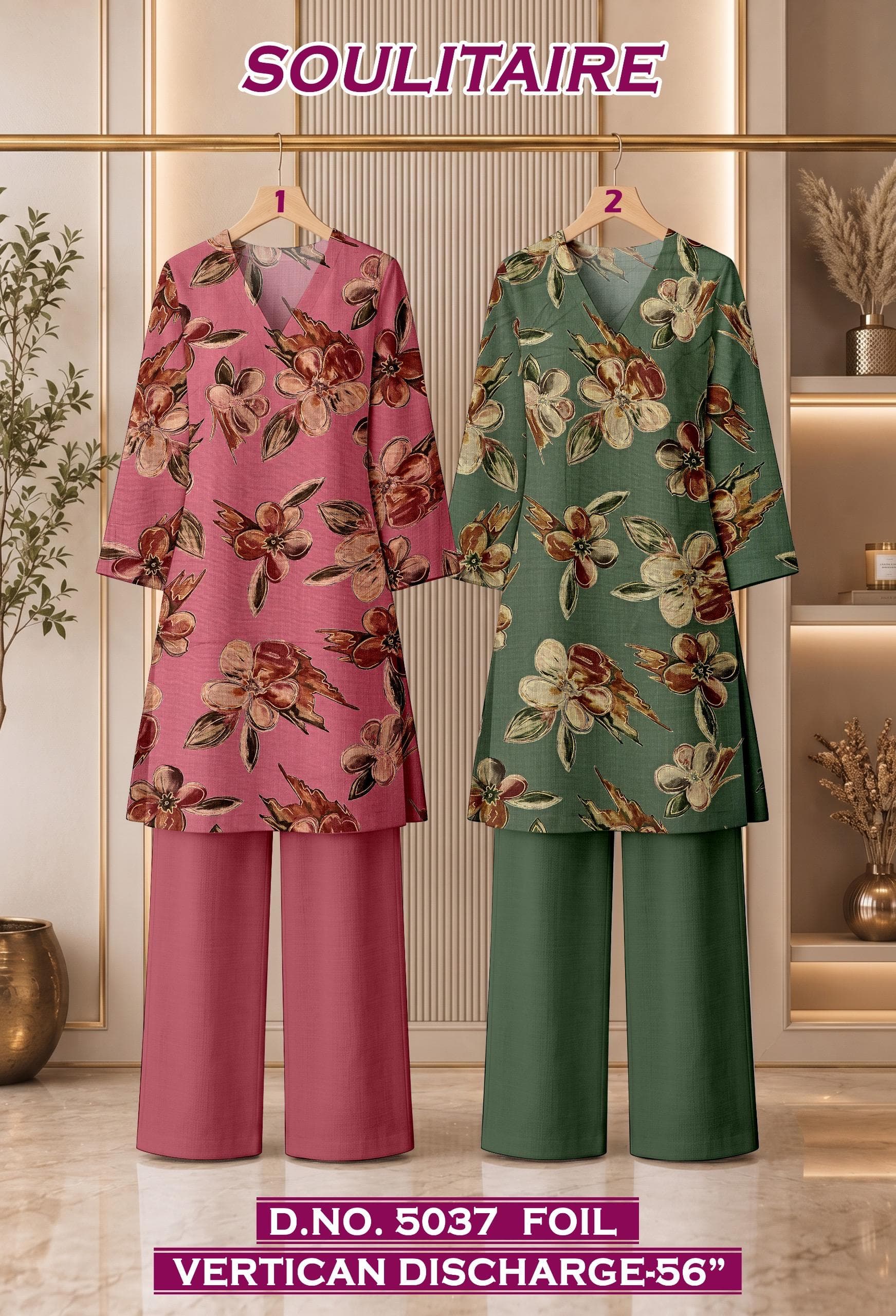 SOULITAIRE foil vertican discharge co-ord D.No. 5037 in rose pink and sage, by Vintage Fabric