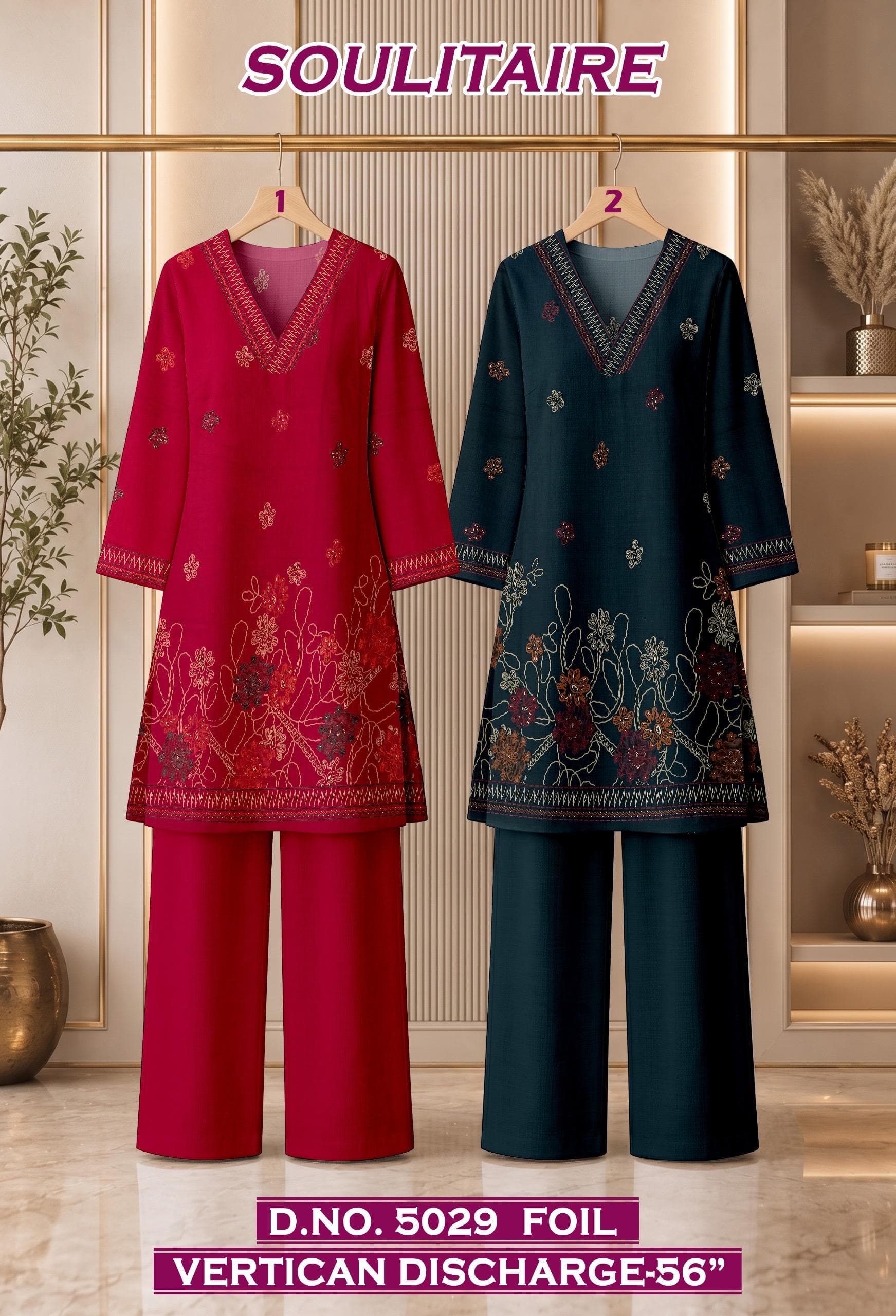 SOULITAIRE foil vertican discharge co-ord D.No. 5029 in rani pink and deep teal, by Vintage Fabric