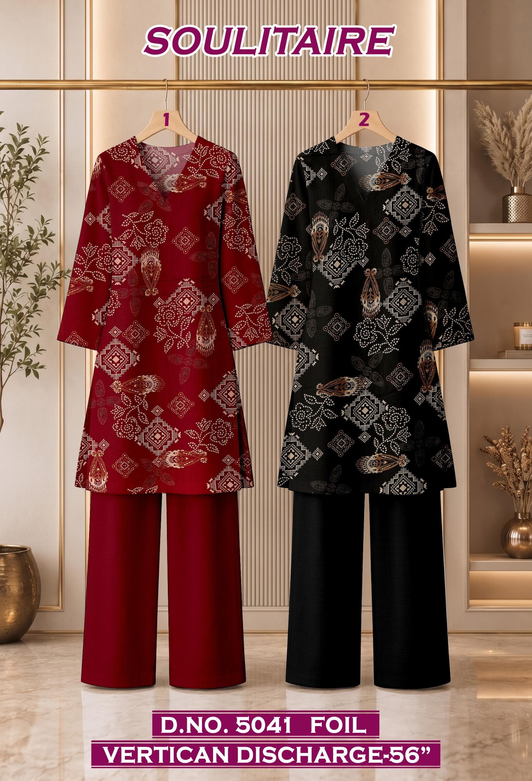 SOULITAIRE foil vertican discharge co-ord D.No. 5041 in crimson and black, by Vintage Fabric