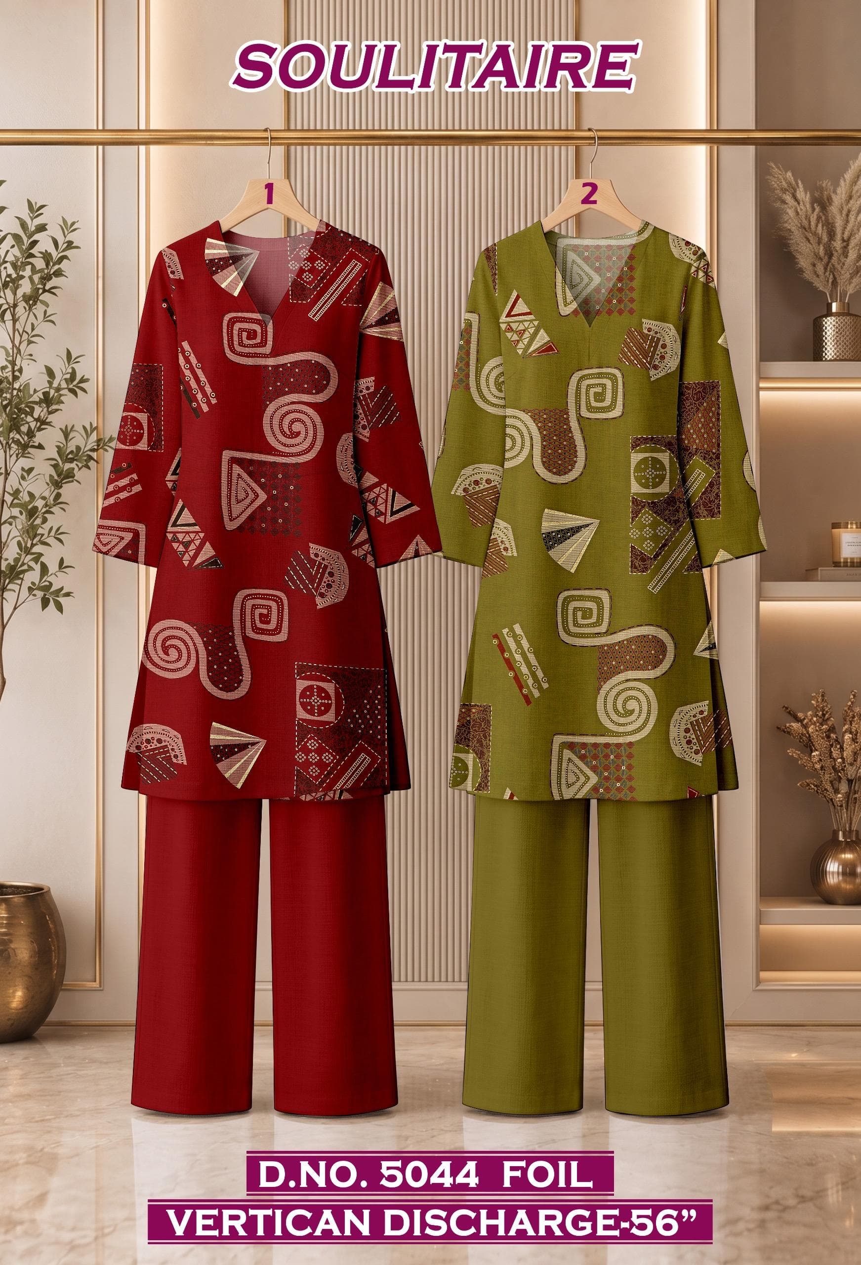 SOULITAIRE foil vertican discharge co-ord D.No. 5044 in red and olive, by Vintage Fabric