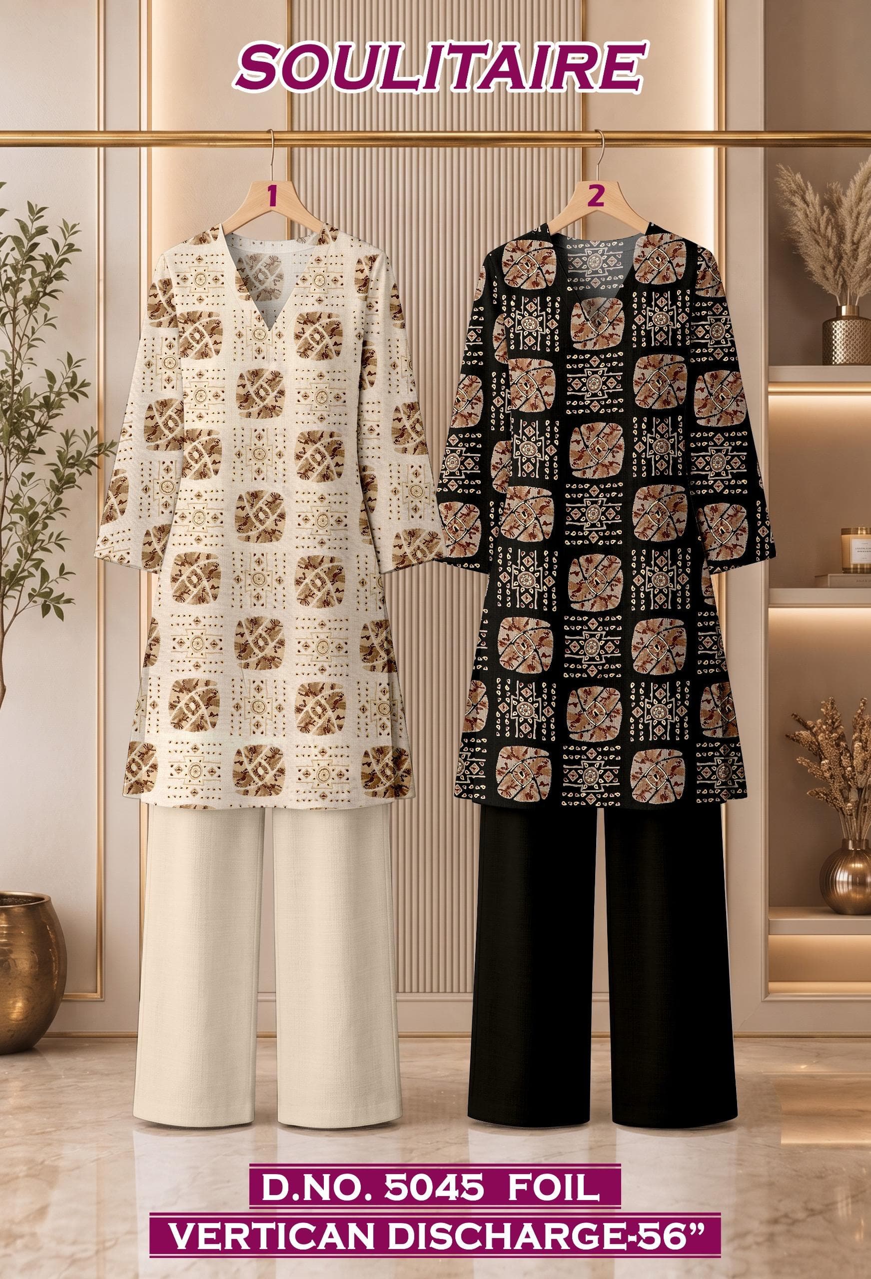 SOULITAIRE foil vertican discharge co-ord D.No. 5045 in ivory and black, by Vintage Fabric