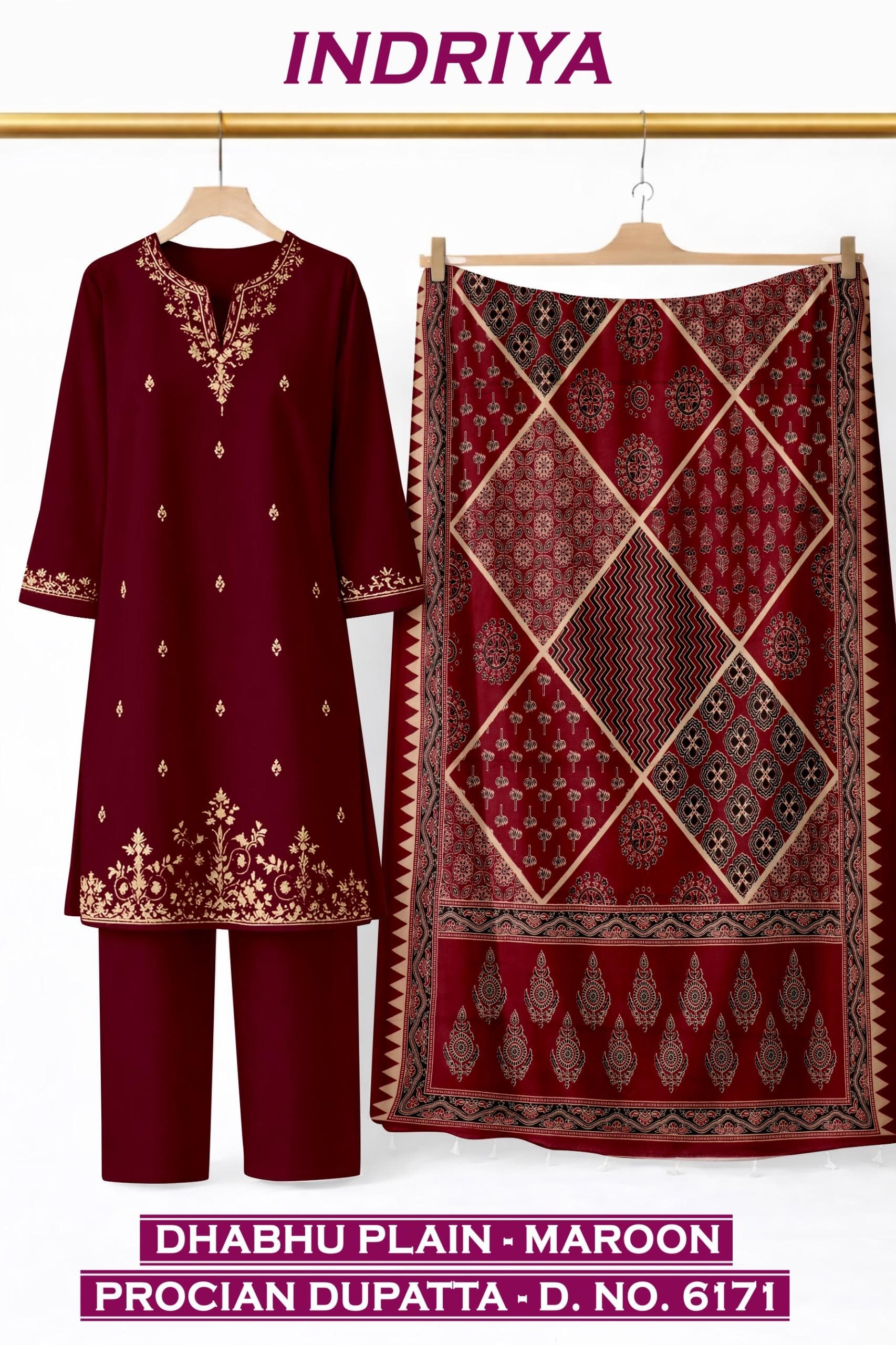 INDRIYA 3-piece set, Dhabhu Plain-Maroon kurti with Procion printed dupatta D.No. 6171, by Vintage Fabric