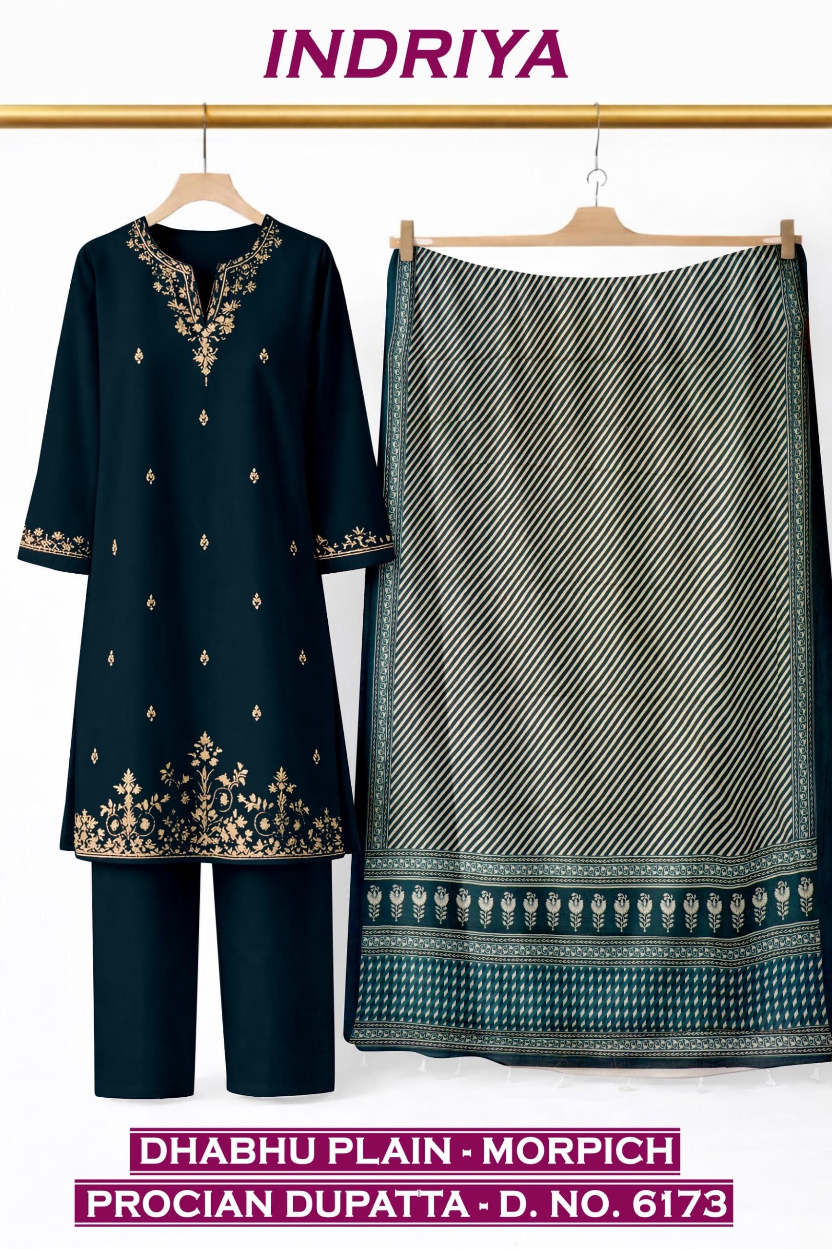 INDRIYA 3-piece set, Dhabhu Plain-Morpich kurti with Procion printed dupatta D.No. 6173, by Vintage Fabric