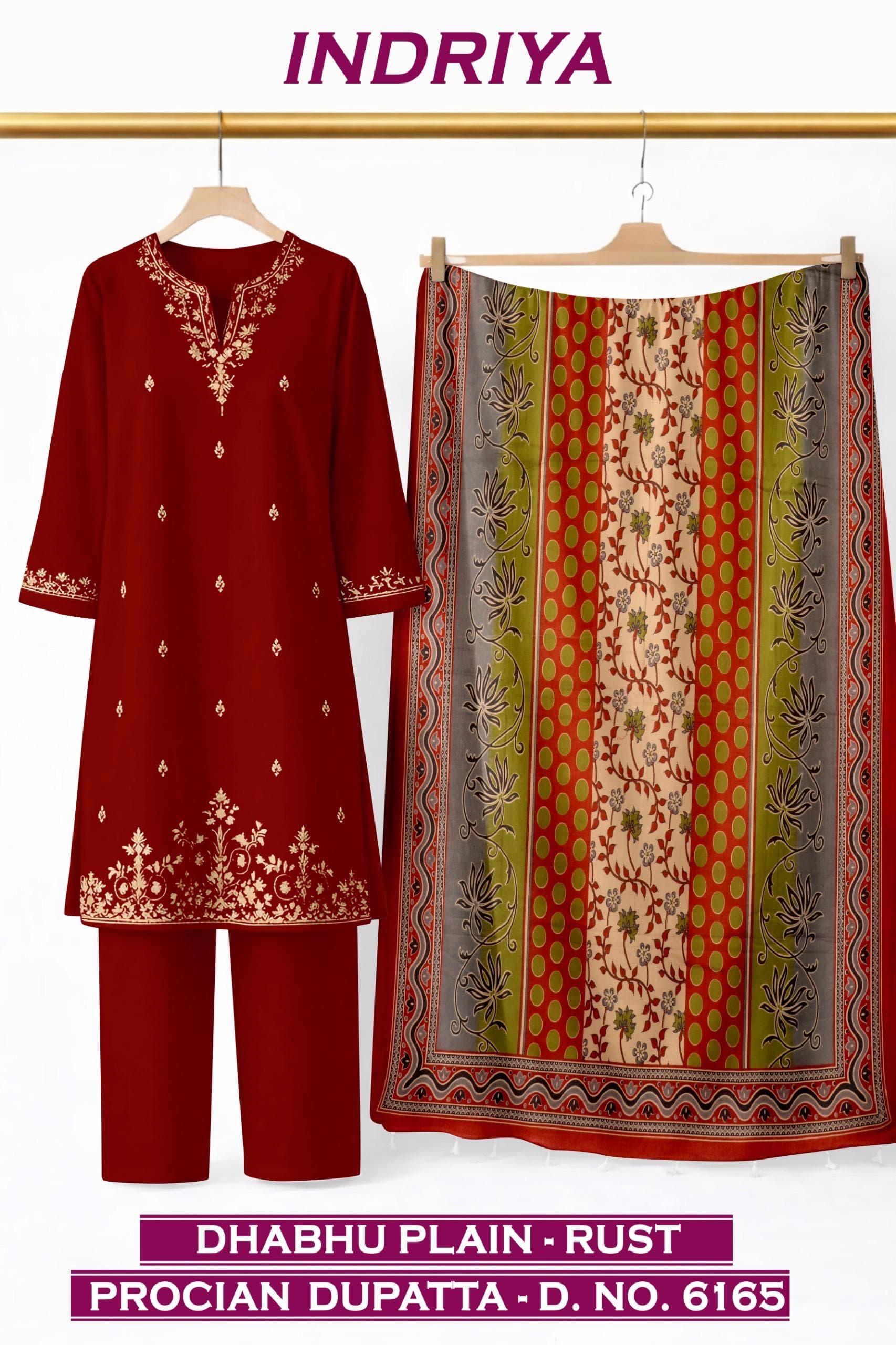 INDRIYA 3-piece set, Dhabhu Plain-Rust kurti with Procion printed dupatta D.No. 6165, by Vintage Fabric