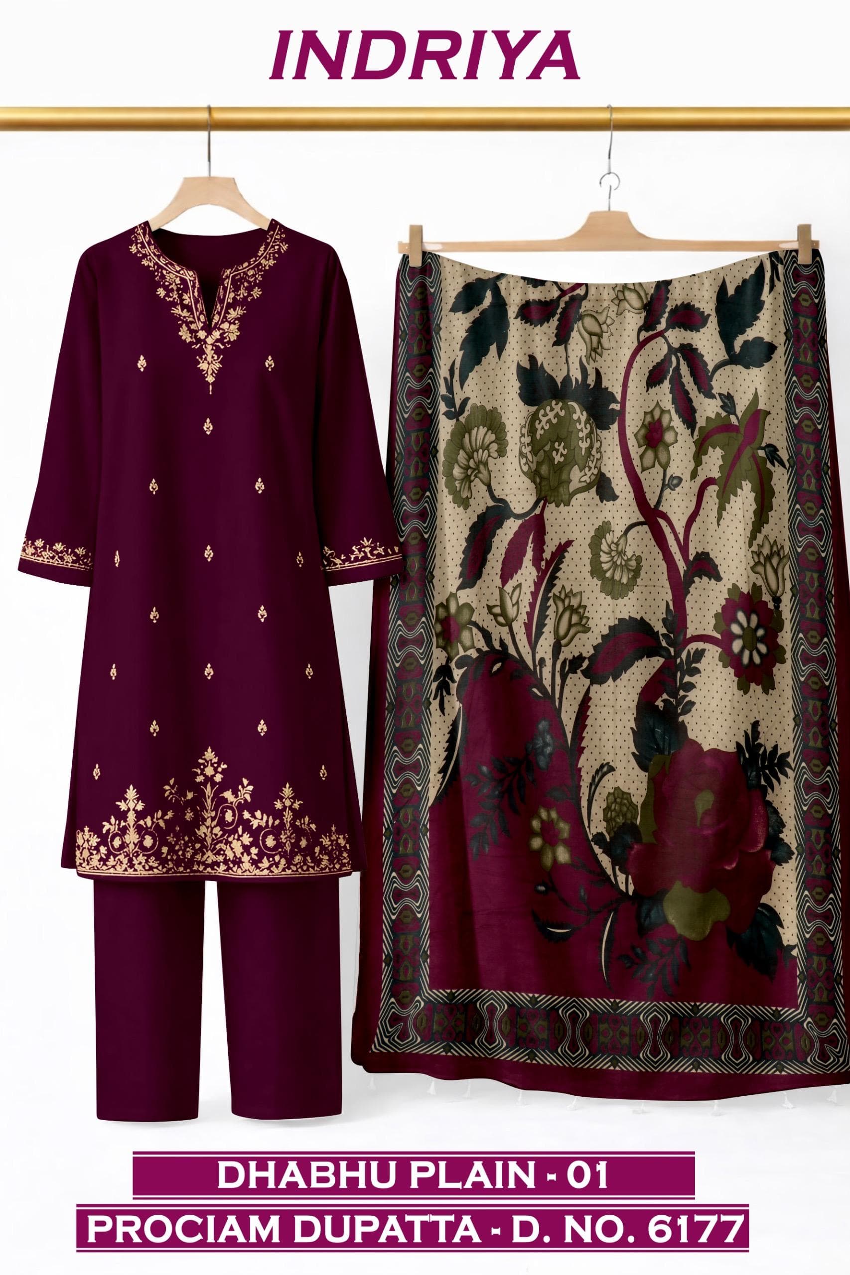 INDRIYA 3-piece set, Dhabhu Plain-01 kurti with Procion printed dupatta D.No. 6177, by Vintage Fabric