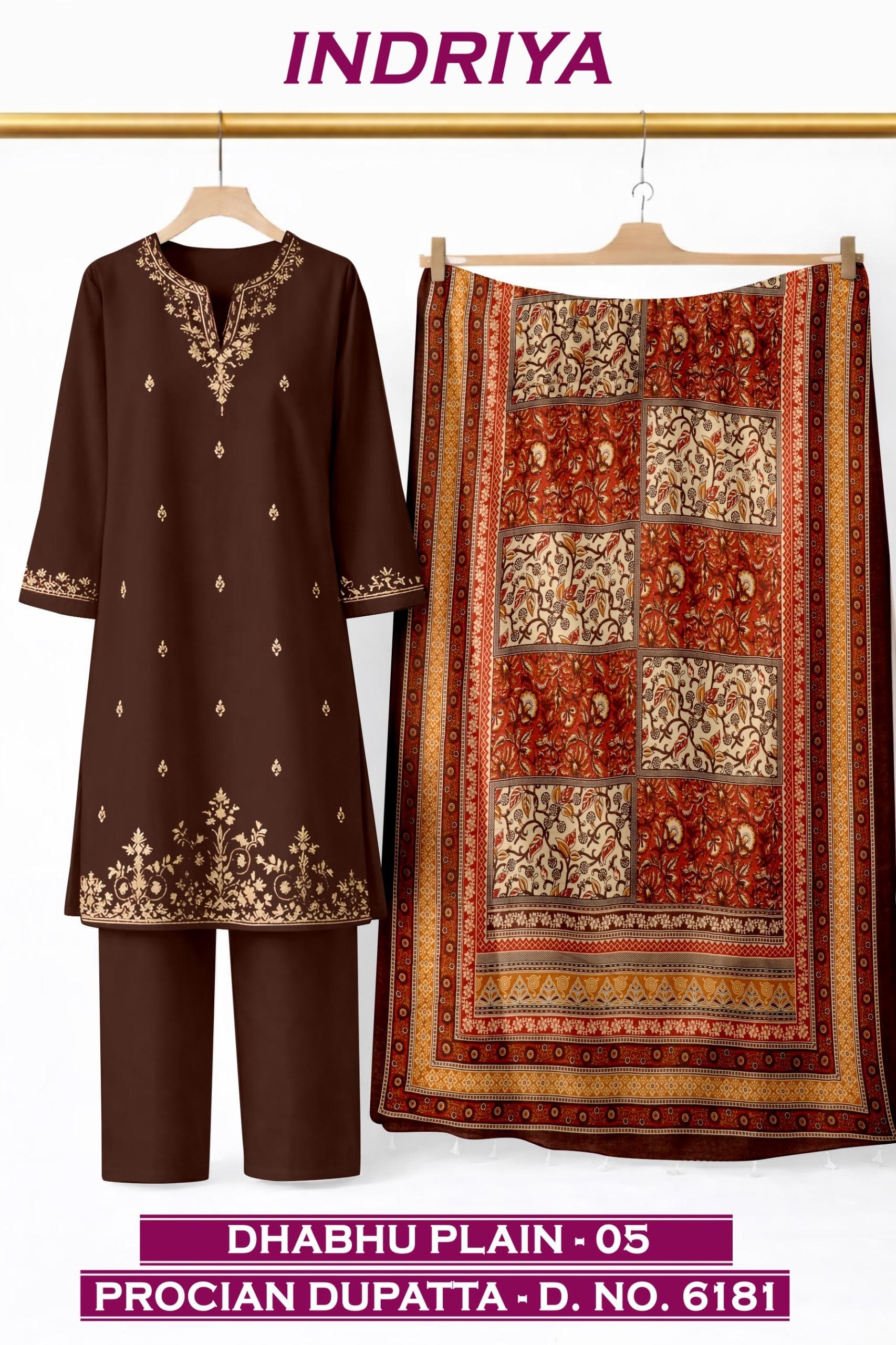 INDRIYA 3-piece set, Dhabhu Plain-05 kurti with Procion printed dupatta D.No. 6181, by Vintage Fabric