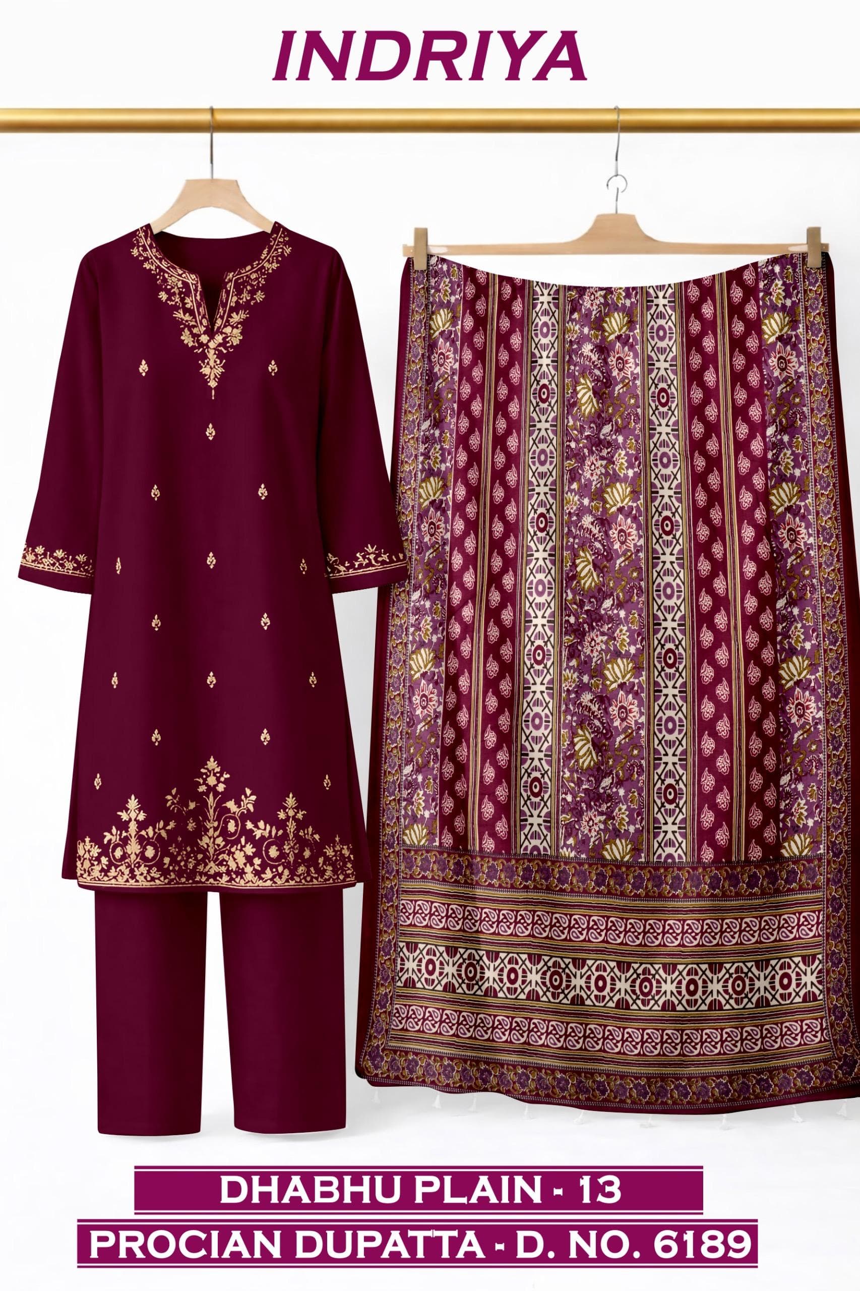 INDRIYA 3-piece set, Dhabhu Plain-13 kurti with Procion printed dupatta D.No. 6189, by Vintage Fabric