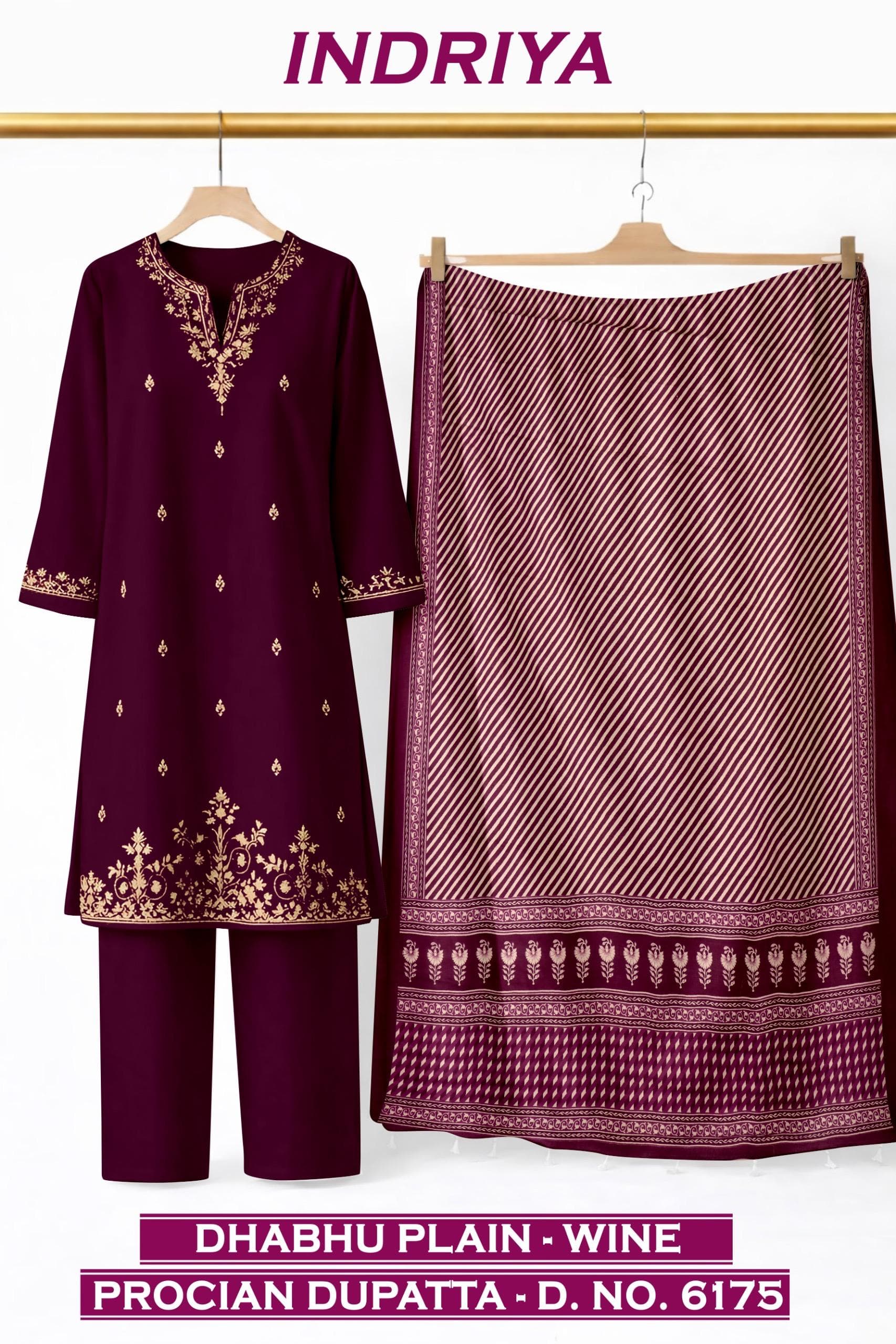 INDRIYA 3-piece set, Dhabhu Plain-Wine kurti with Procion printed dupatta D.No. 6175, by Vintage Fabric