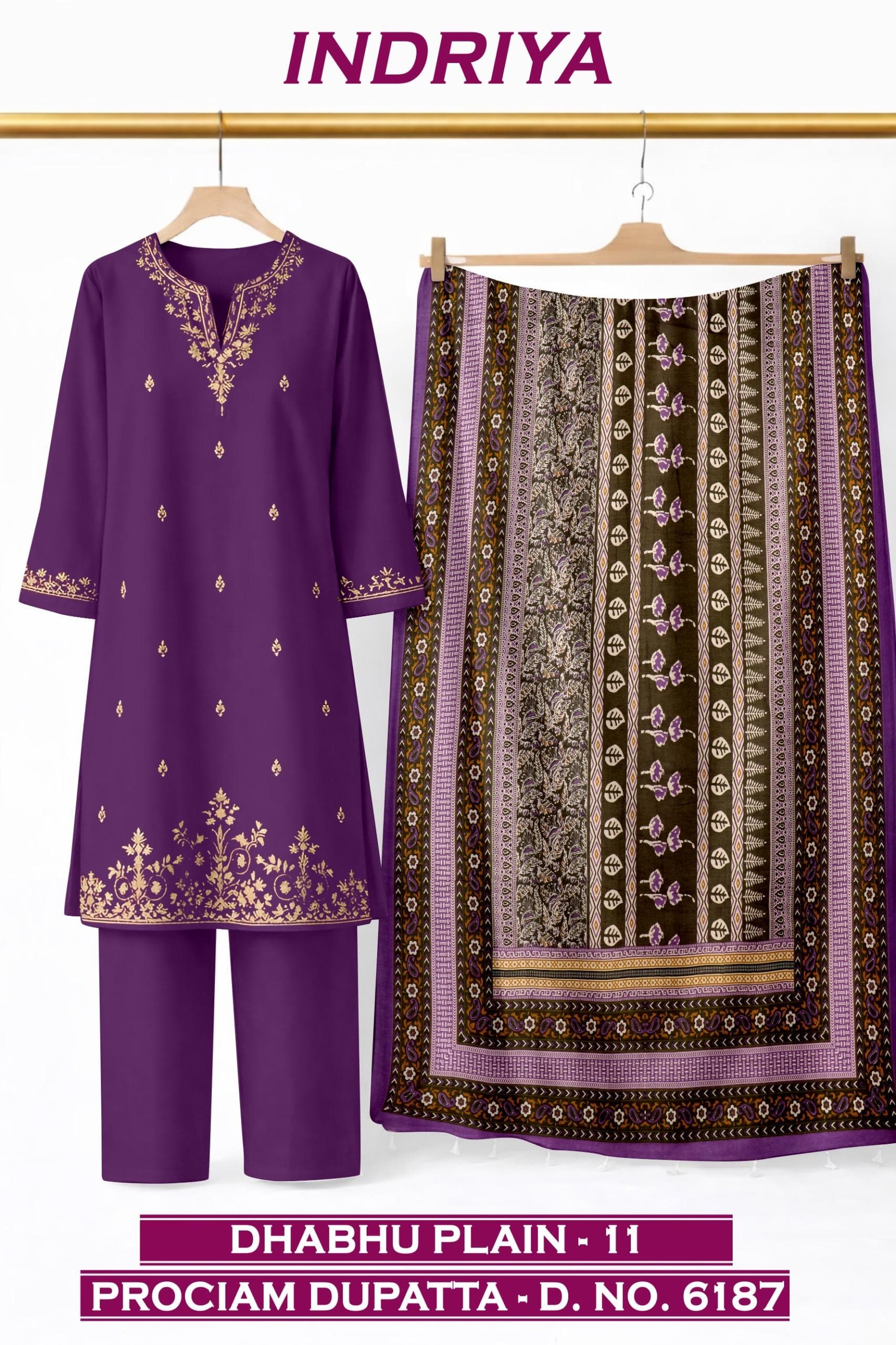 INDRIYA 3-piece set, Dhabhu Plain-11 kurti with Procion printed dupatta D.No. 6187, by Vintage Fabric