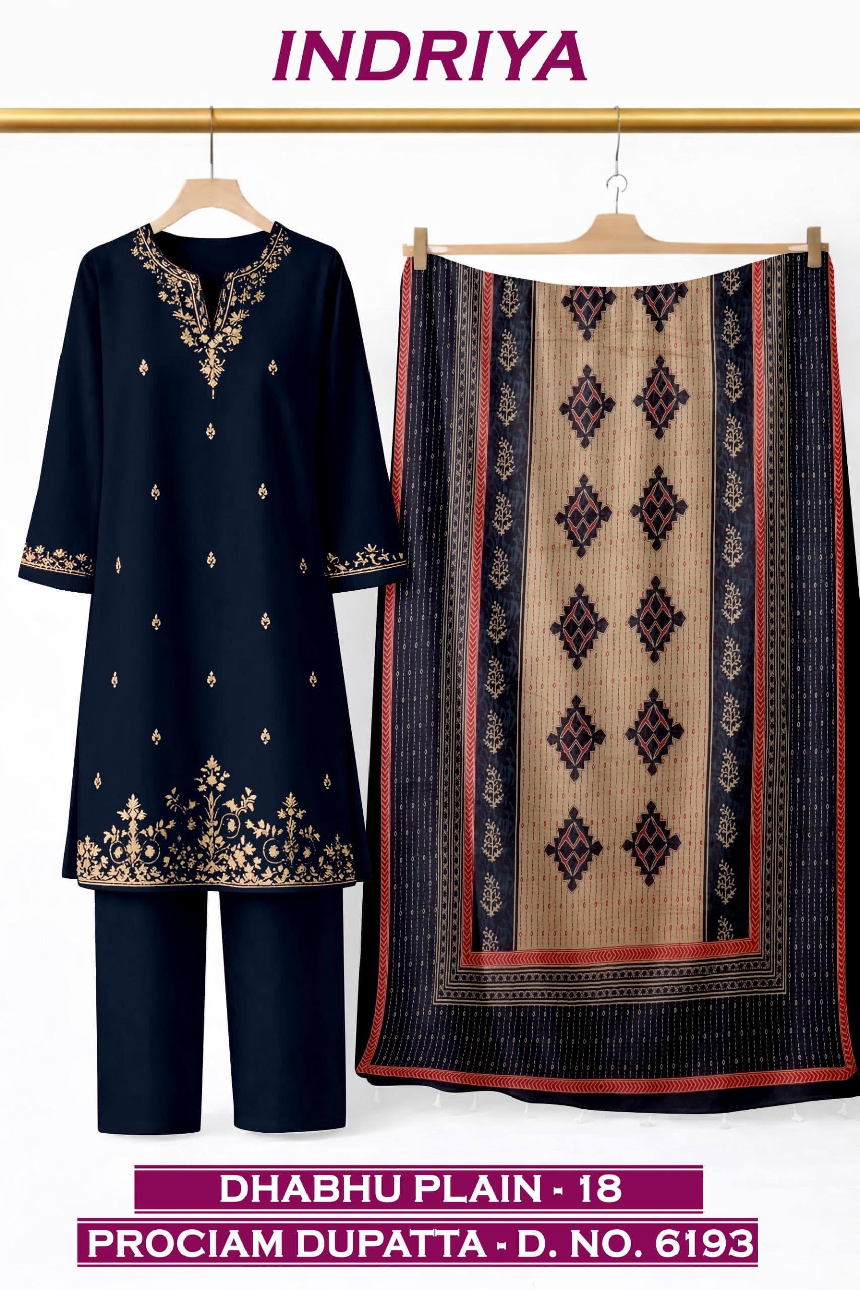 INDRIYA 3-piece set, Dhabhu Plain-18 kurti with Procion printed dupatta D.No. 6193, by Vintage Fabric