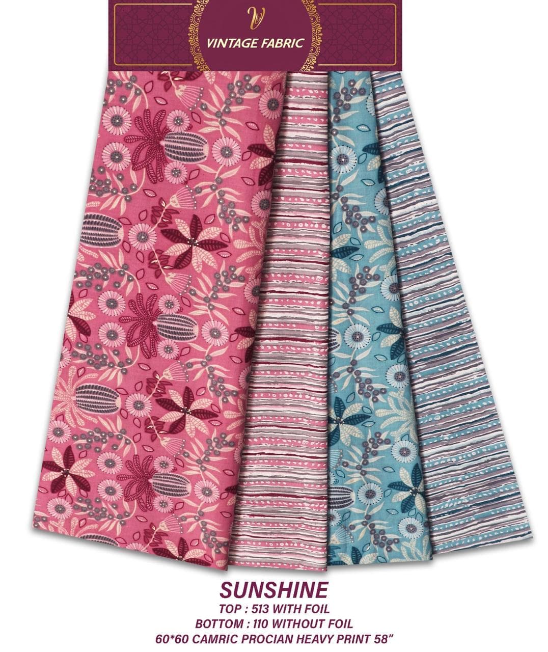 SUNSHINE 60x60 cambric Procion heavy print co-ord, foil top 513 with bottom 110, by Vintage Fabric
