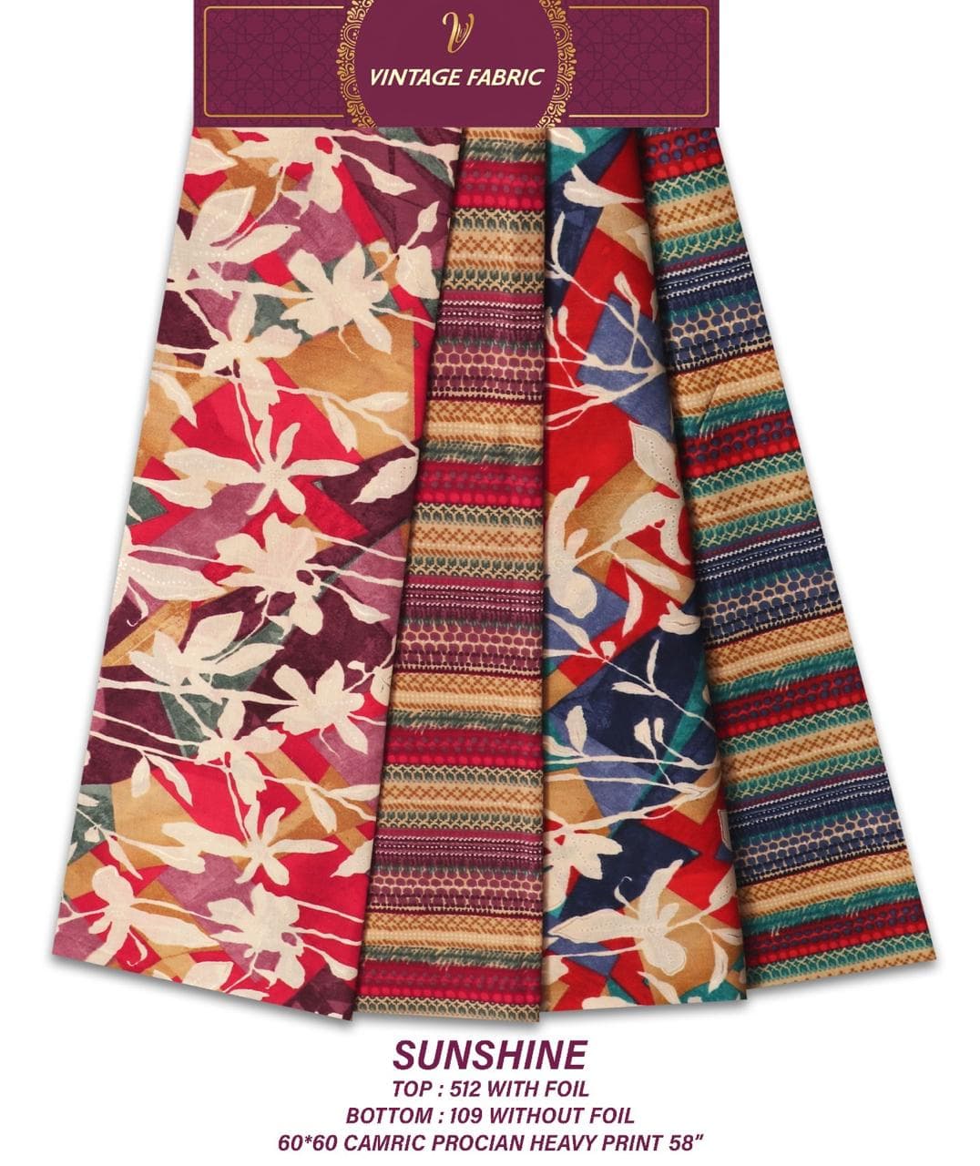 SUNSHINE 60x60 cambric Procion heavy print co-ord, foil top 512 with bottom 109, by Vintage Fabric